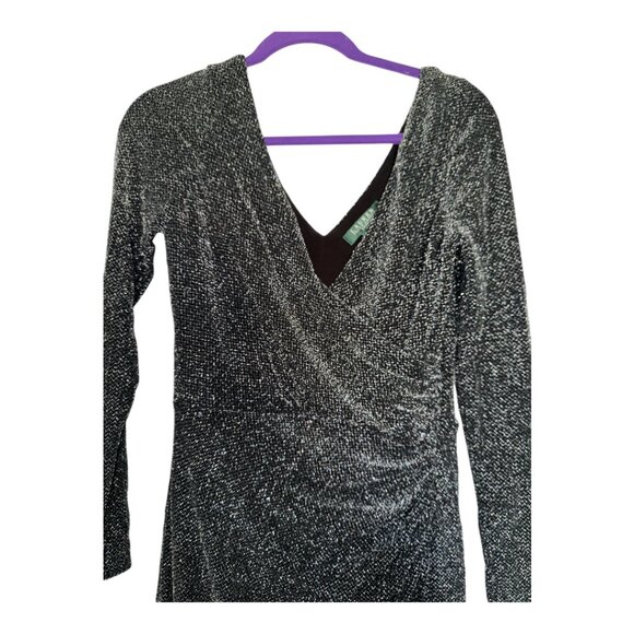 NWT $170 Ralph Lauren Womans Black Silver Sheath Ruched Faux Wrap Dress Size 6 - Picture 2 of 7